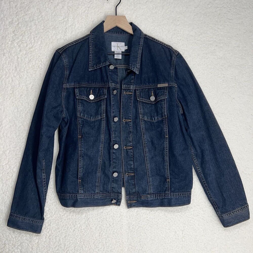 Calvin Klein CK Jeans Denim Trucker Jacket Dark Blue Stone Wash Size Large